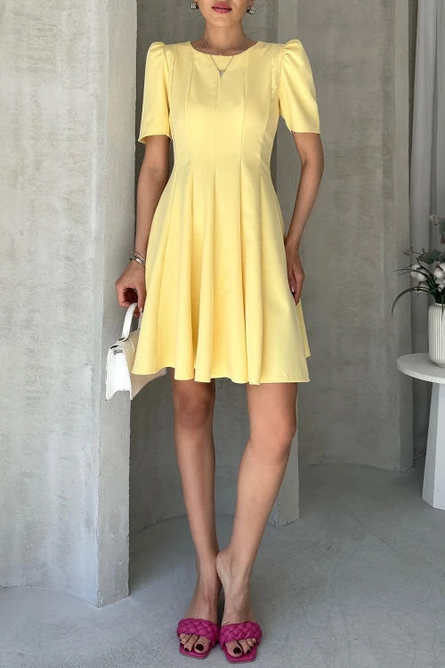 Sarı Prenses Kol Eteği Volanlı Atlas Kumaş Kloş Elbise BCDF-252199