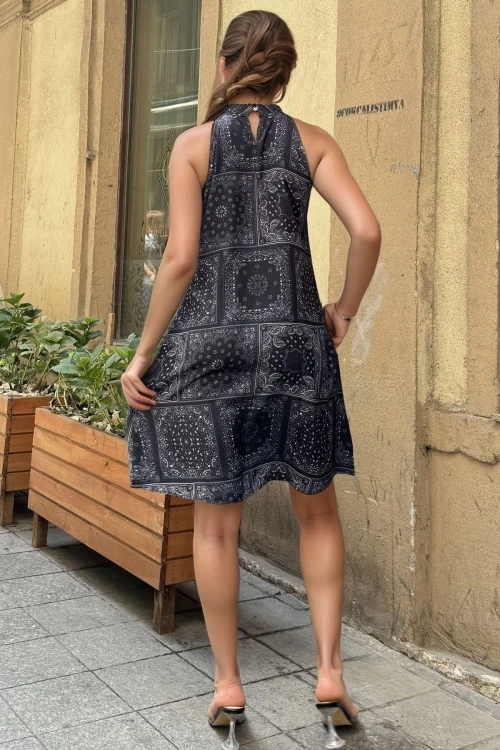 Siyah A Kesim Etnik Desenli Cepli Saten Elbise BCBSK-25700-3238