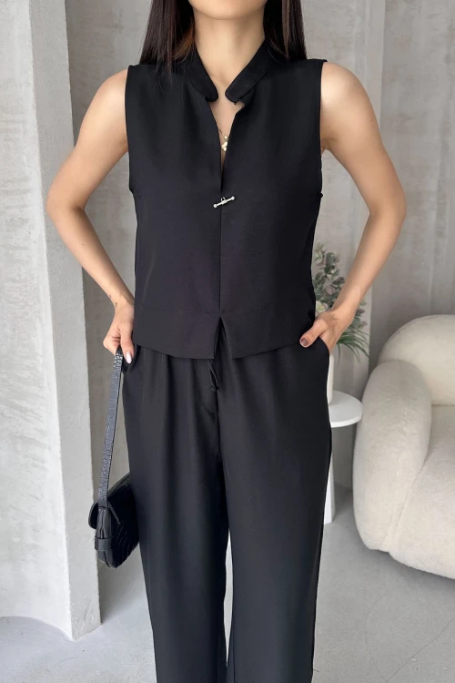 Siyah Aerobin Keten Hakim Yaka Aksesuarlı Bluz Ve Pantolon Alt Üst Takım BCDF-25S1008