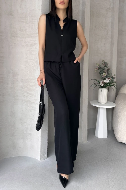 Siyah Aerobin Keten Hakim Yaka Aksesuarlı Bluz Ve Pantolon Alt Üst Takım BCDF-25S1008