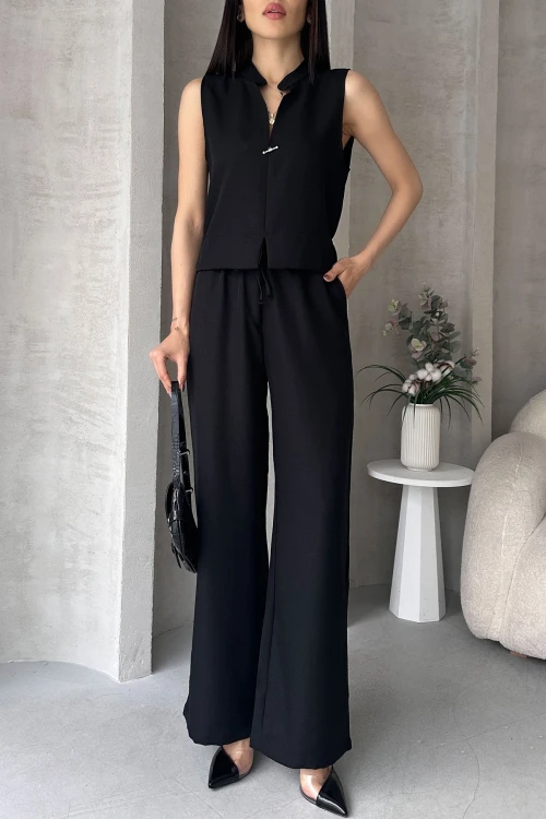 Siyah Aerobin Keten Hakim Yaka Aksesuarlı Bluz Ve Pantolon Alt Üst Takım BCDF-25S1008