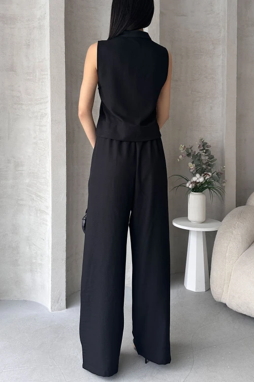 Siyah Aerobin Keten Hakim Yaka Aksesuarlı Bluz Ve Pantolon Alt Üst Takım BCDF-25S1008