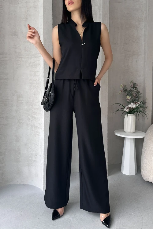 Siyah Aerobin Keten Hakim Yaka Aksesuarlı Bluz Ve Pantolon Alt Üst Takım BCDF-25S1008