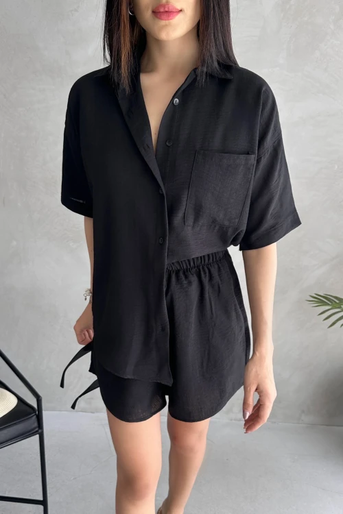 Siyah Aerobin Keten Kısa Kol Gömlek Ve Şort Alt Üst Takım BCDF-253608