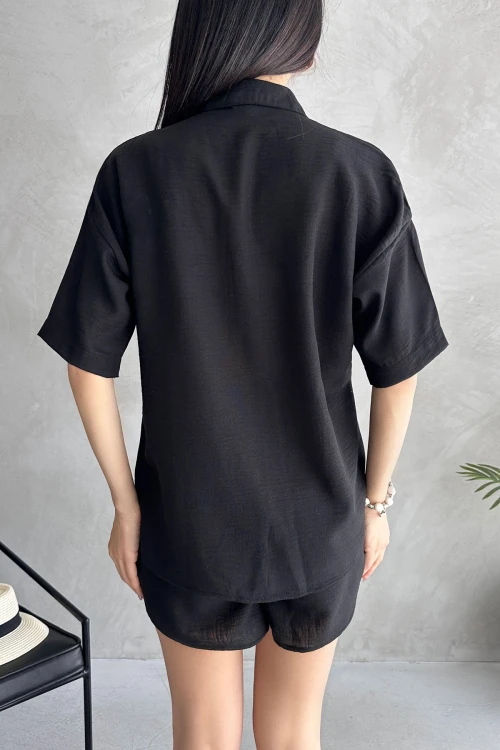 Siyah Aerobin Keten Kısa Kol Gömlek Ve Şort Alt Üst Takım BCDF-253608
