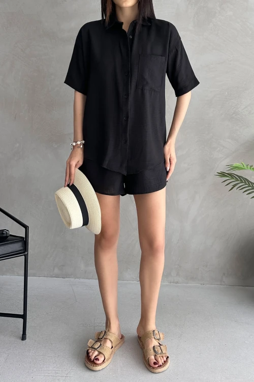 Siyah Aerobin Keten Kısa Kol Gömlek Ve Şort Alt Üst Takım BCDF-253608