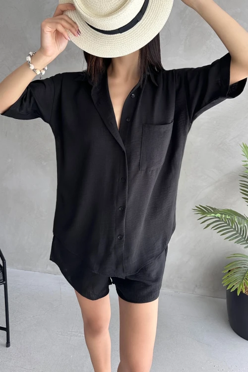 Siyah Aerobin Keten Kısa Kol Gömlek Ve Şort Alt Üst Takım BCDF-253608