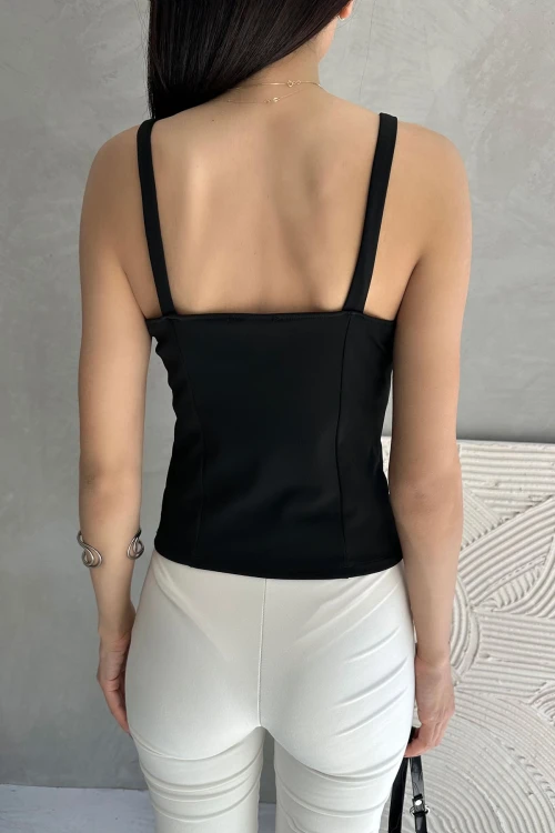 Siyah Askılı Fiyonk Süs Detaylı Dokuma Bluz BCDF-252190