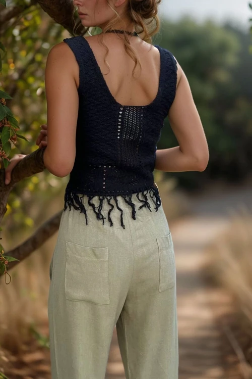 Siyah Askılı Kendinden Desenli Eteği Püsküllü Ajurlu Triko Bluz BCBSK-25700-T203