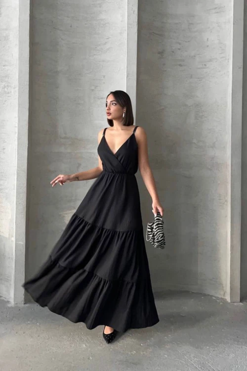 Siyah Askılı Kruvaze Yaka Eteği Kat Kat Volanlı Keten Elbise BCHN-25255049