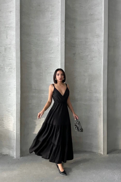 Siyah Askılı Kruvaze Yaka Eteği Kat Kat Volanlı Keten Elbise BCHN-25255049