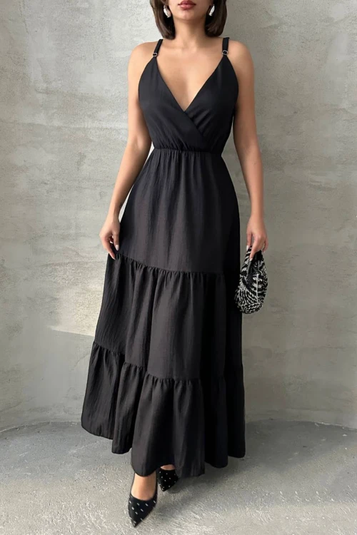 Siyah Askılı Kruvaze Yaka Eteği Kat Kat Volanlı Keten Elbise BCHN-25255049