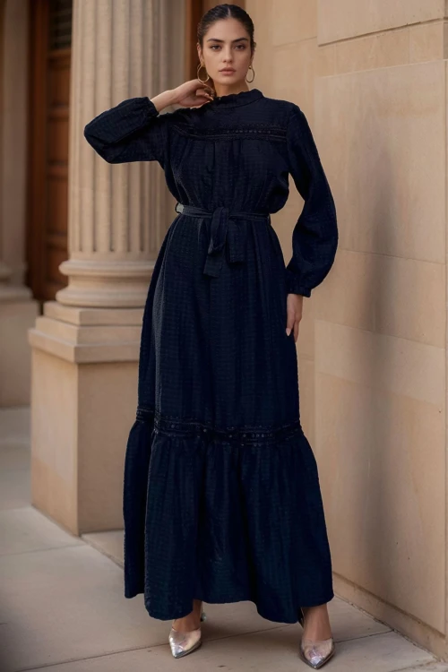 Siyah Beli Bağlamalı Uzun Elbise BCBSK-25700-3617