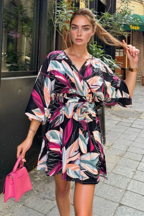 Siyah Beli Büzgülü Kruvaze Kloş Elbise BCBSK-25700-3155