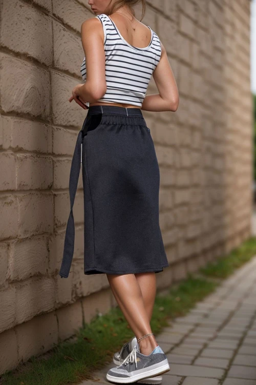 Siyah Beli Lastikli Asimetrik Kesim Tokalı Diz Altı Etek BCBSK-25700-3566