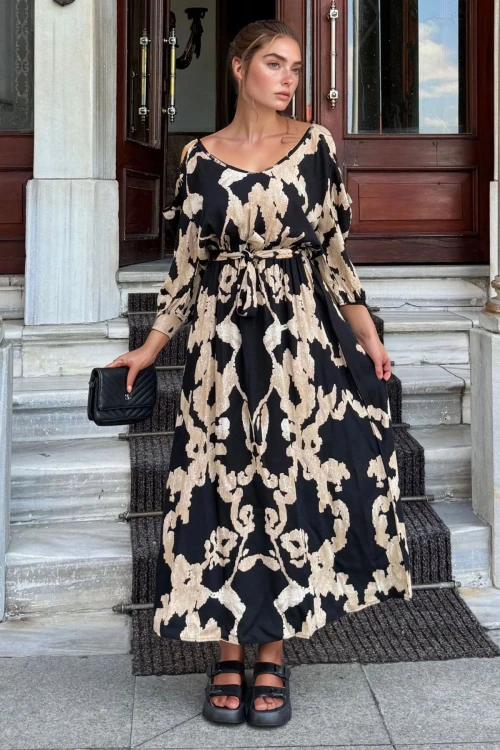 Siyah Beli Lastikli Kemerli Omuz Dekolteli Uzun Elbise BCBSK-25700-3628