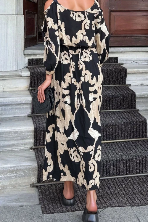 Siyah Beli Lastikli Kemerli Omuz Dekolteli Uzun Elbise BCBSK-25700-3628