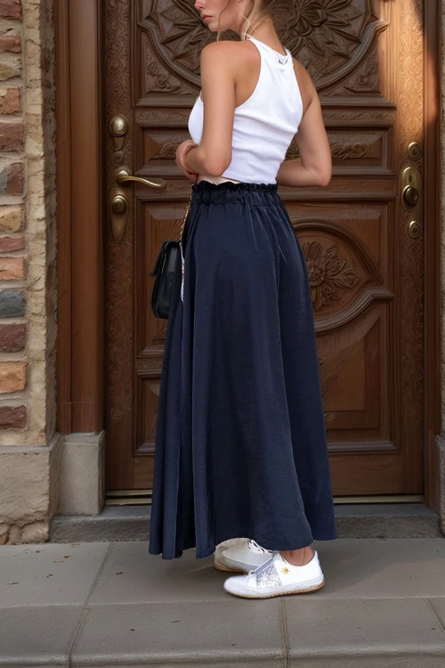 Siyah Cebi Hasır Detaylı Beli Lastikli Salaş Etek BCBSK-25700-3389