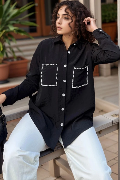 Siyah Cebi Taş Detaylı Uzun Kollu Gömlek BCBSK-25700-3594