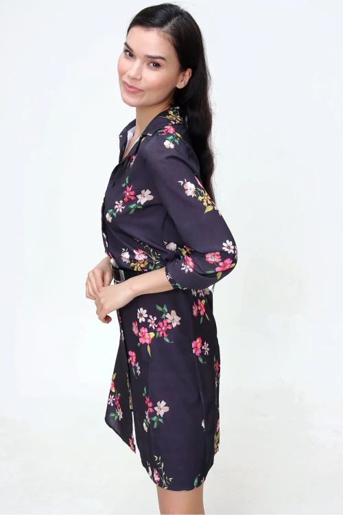 Siyah Çiçek Desenli Mini  Elbise BCBSK-25700-T4009-5180