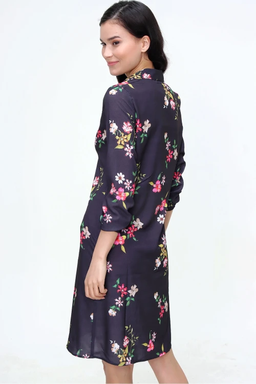 Siyah Çiçek Desenli Mini  Elbise BCBSK-25700-T4009-5180