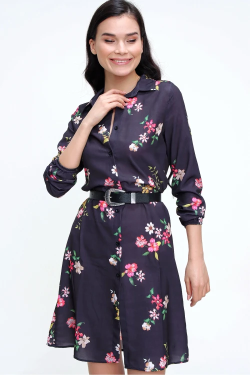 Siyah Çiçek Desenli Mini  Elbise BCBSK-25700-T4009-5180