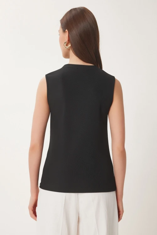 Siyah Dore Düğmeli Fitilli Örme Bluz BCDF-2540000