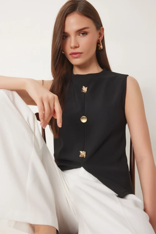 Siyah Dore Düğmeli Fitilli Örme Bluz BCDF-2540000