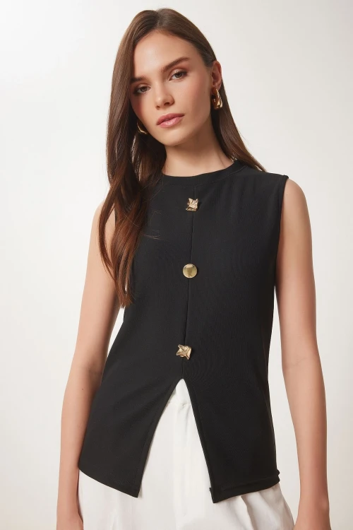 Siyah Dore Düğmeli Fitilli Örme Bluz BCDF-2540000