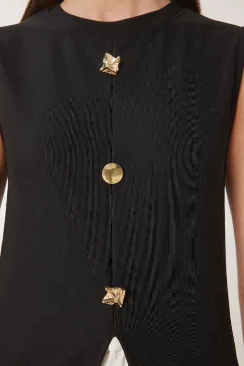 Siyah Dore Düğmeli Fitilli Örme Bluz BCDF-2540000