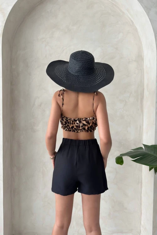 Siyah Fiyonklu Önü Parçalı Dokuma Şort Etek BCHN-25255021