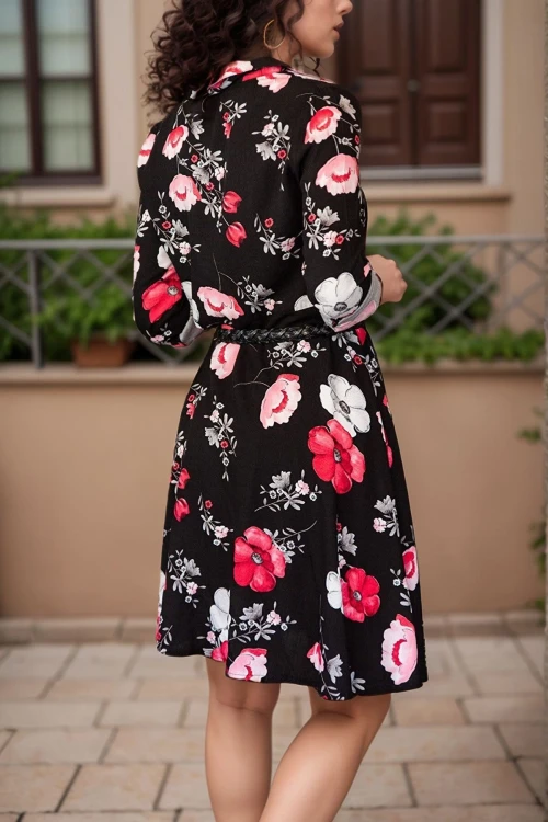 Siyah Hafif Kumaş Desenli Gömlek Elbise BCBSK-25650-2164-2