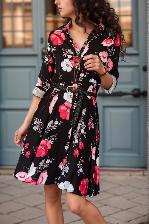 Siyah Hafif Kumaş Desenli Gömlek Elbise BCBSK-25650-2164-2