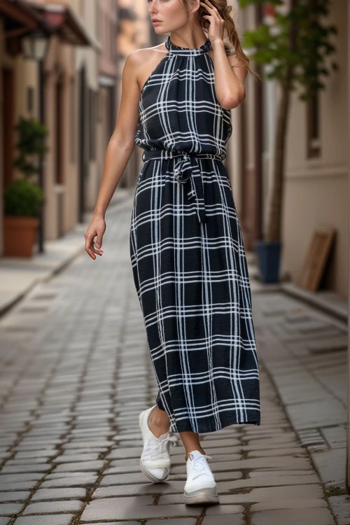 Siyah Halter Yaka Kendinden Kemerli Uzun Elbise BCBSK-25700-2896