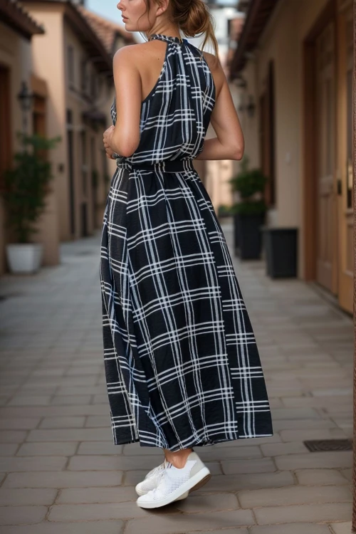 Siyah Halter Yaka Kendinden Kemerli Uzun Elbise BCBSK-25700-2896