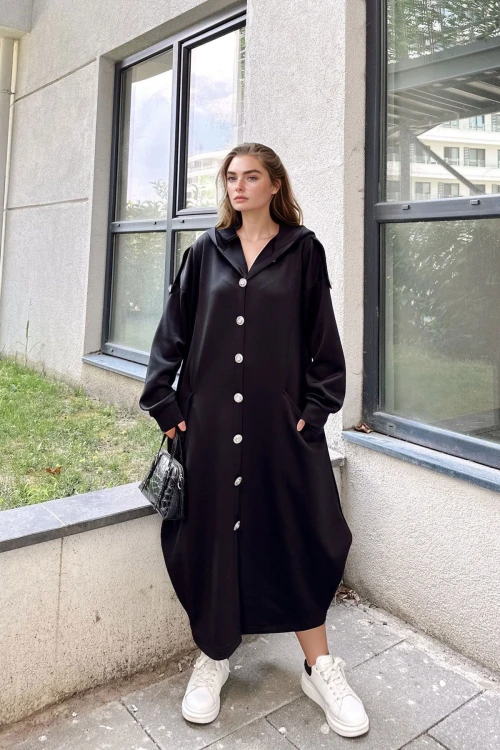 Siyah Kapüşonlu Oversize Elbise BCBSK-25700-3446