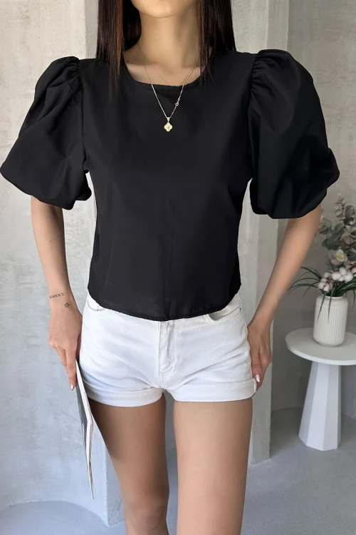 Siyah Karpuz Kol Sırtı Fiyonk Detaylı Poplin Bluz BCDF-252195