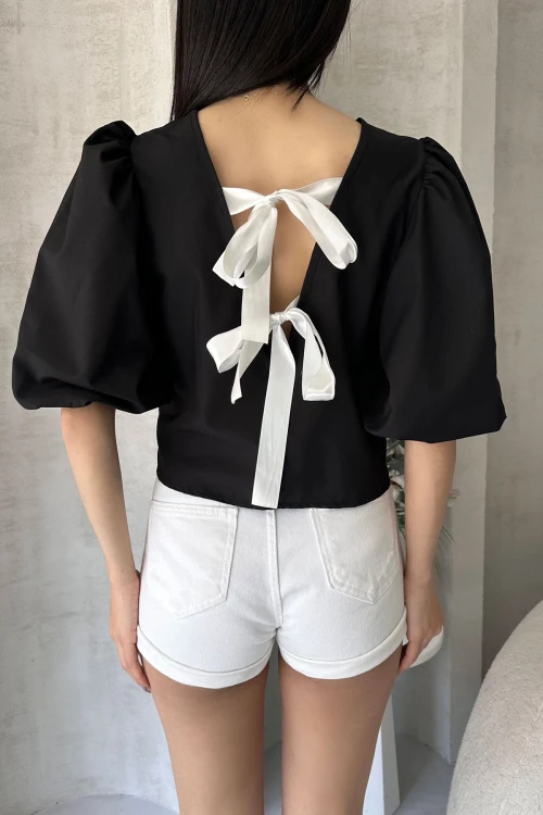 Siyah Karpuz Kol Sırtı Fiyonk Detaylı Poplin Bluz BCDF-252195