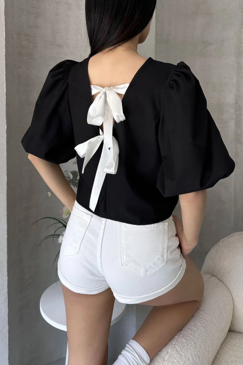 Siyah Karpuz Kol Sırtı Fiyonk Detaylı Poplin Bluz BCDF-252195