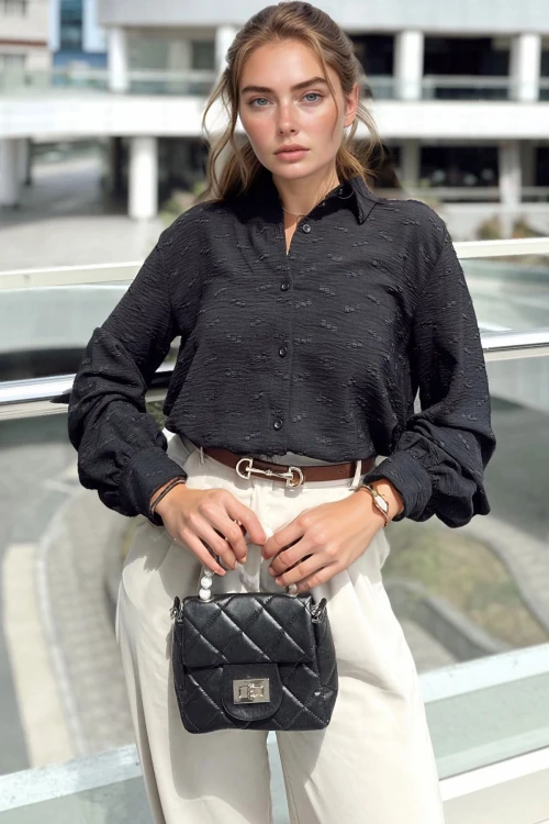 Siyah Kendinden Desenli Oversize Uzun Kollu Gömlek BCBSK-25700-3554