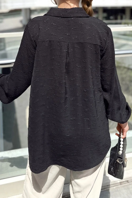 Siyah Kendinden Desenli Oversize Uzun Kollu Gömlek BCBSK-25700-3554