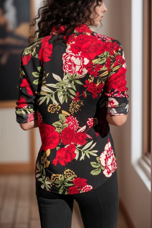 Siyah Kırmızı Uzun Kollu Düğmeli Oversize Gömlek BCBSK-25700-2711