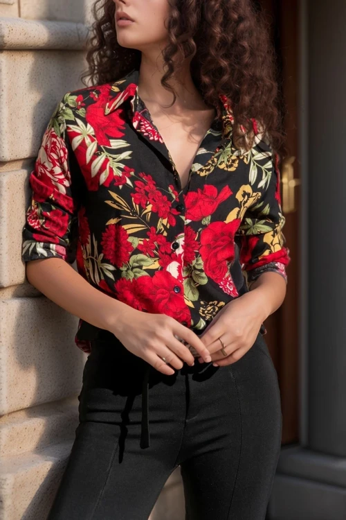 Siyah Kırmızı Uzun Kollu Düğmeli Oversize Gömlek BCBSK-25700-2711