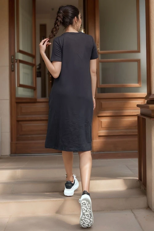 Siyah Kısa Kollu Cepli Kiloş Basic Elbise BCBSK-25700-3614