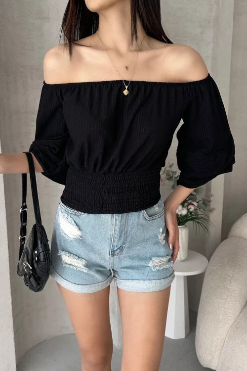 Siyah Madonna Yaka Gipeli Bluz BCDF-252197