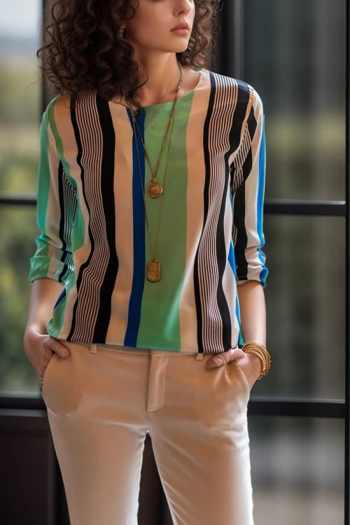 Siyah Mavi Yakası Yırtmaçlı Çizgili Krep Bluz BCBSK-25700-2752