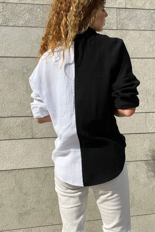 Siyah Müslin Color Block Salaş Gömlek BCBSK-25700-3458