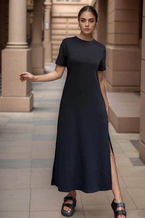 Siyah Omzu Düğmeli Yırtmaçlı Uzun Elbise BCBSK-25700-3618