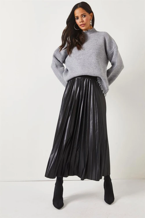 Siyah Pileli Saten Yüzey Uzun Etek BCBSK-25700-K7605