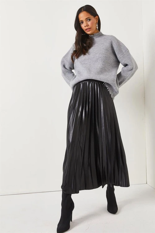 Siyah Pileli Saten Yüzey Uzun Etek BCBSK-25700-K7605